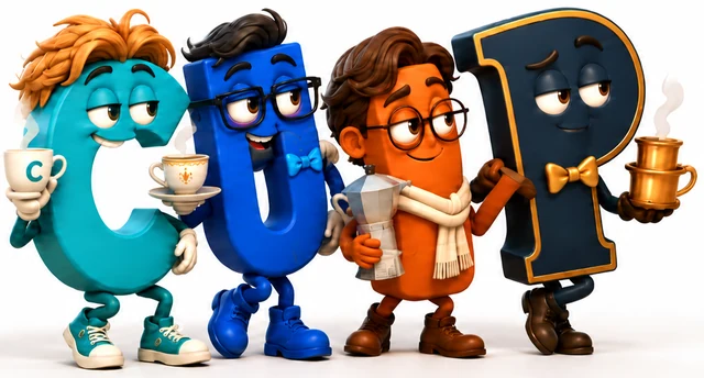コーヒーを持つAI映え診断の4人のキャラクター